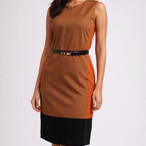 Mango Collection Colorblock Midi Sheath Dress Tan/Black Belted Size 6